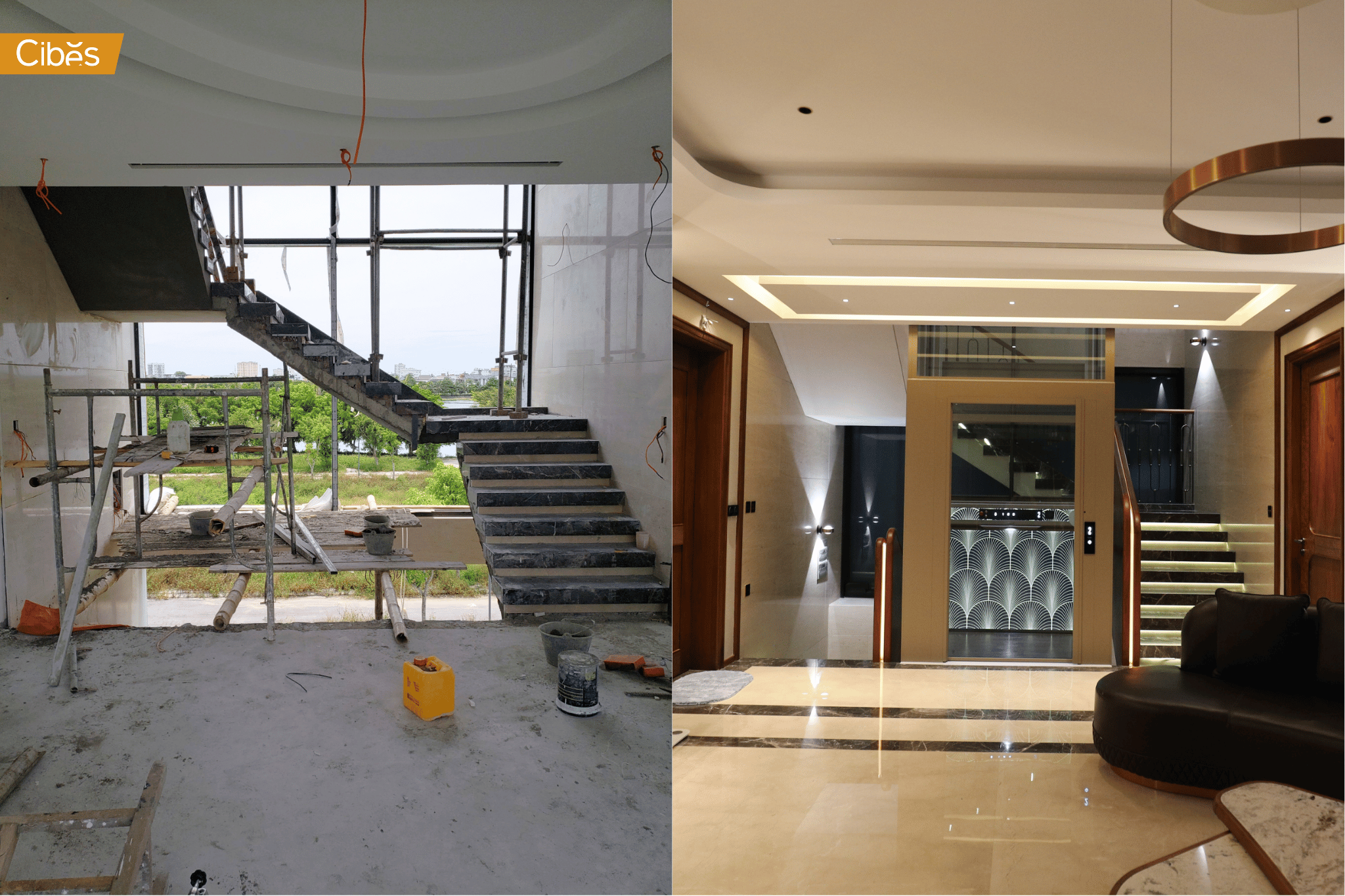 trước và sau khi lắp đặt thang máy gia đình